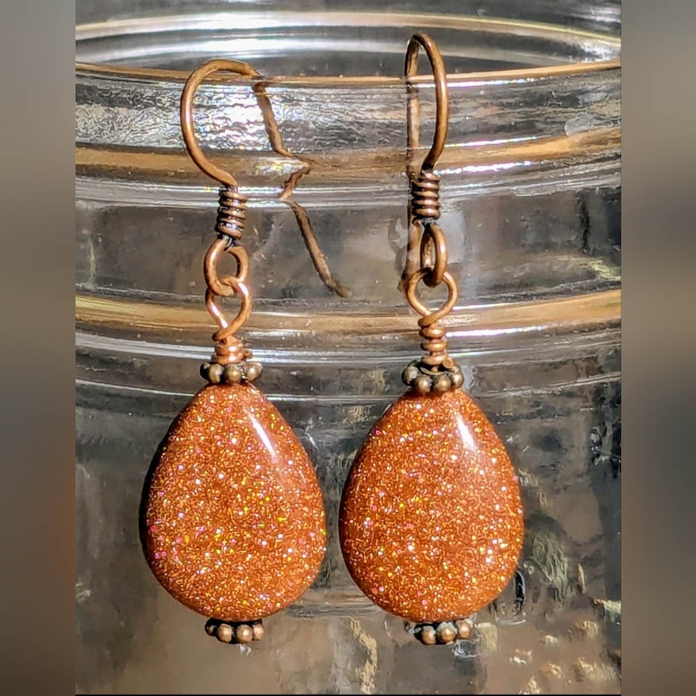 Goldstone Gold Sandstone Genuine Gemstone Teardrop Earrings with Copper Jewelry